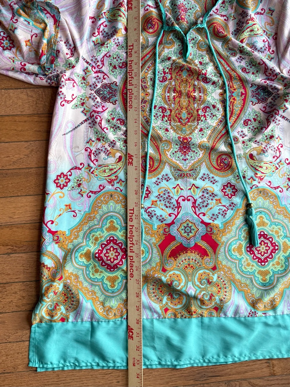 Boho Paisley Tassel Tunic Top | Aqua Pink Print | Size L - Picture 5 of 6